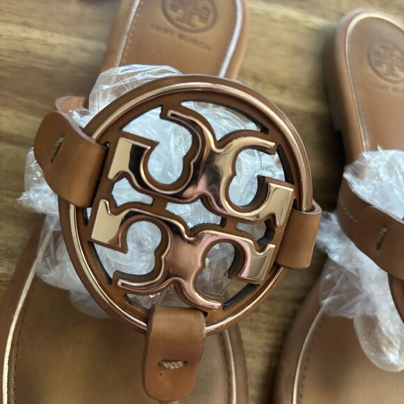 Tory Burch Miller Sandals Tan Leather Logo Women’s 8.5 Resort Beach Pool FLAWS - Picture 4 of 16